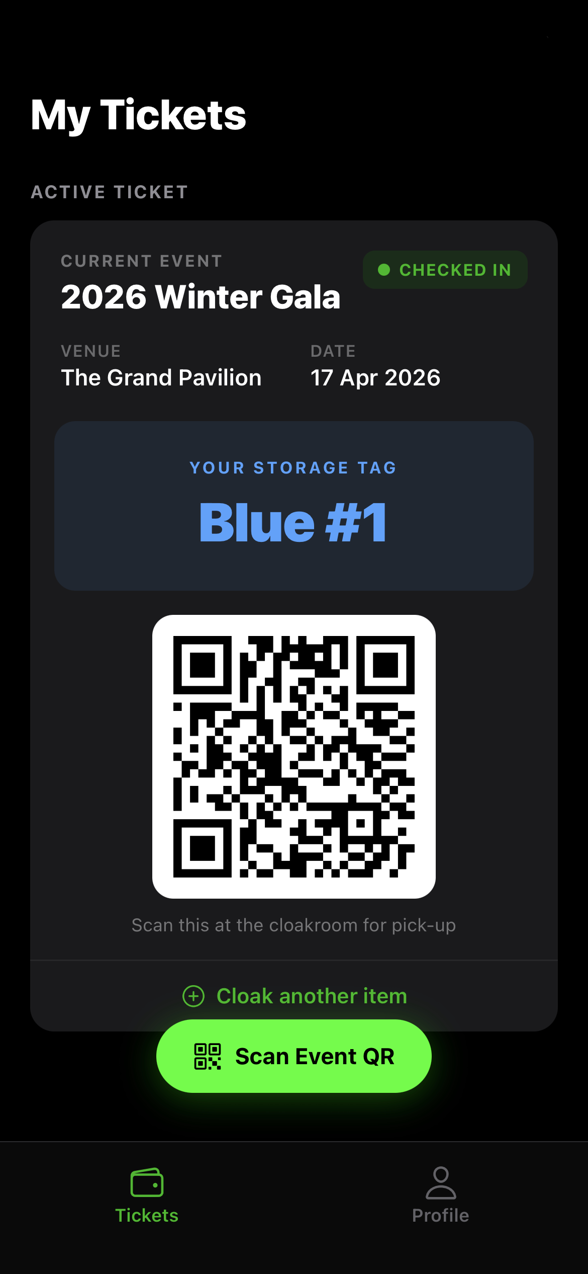 Docket app ticket screen showing QR code and storage tag